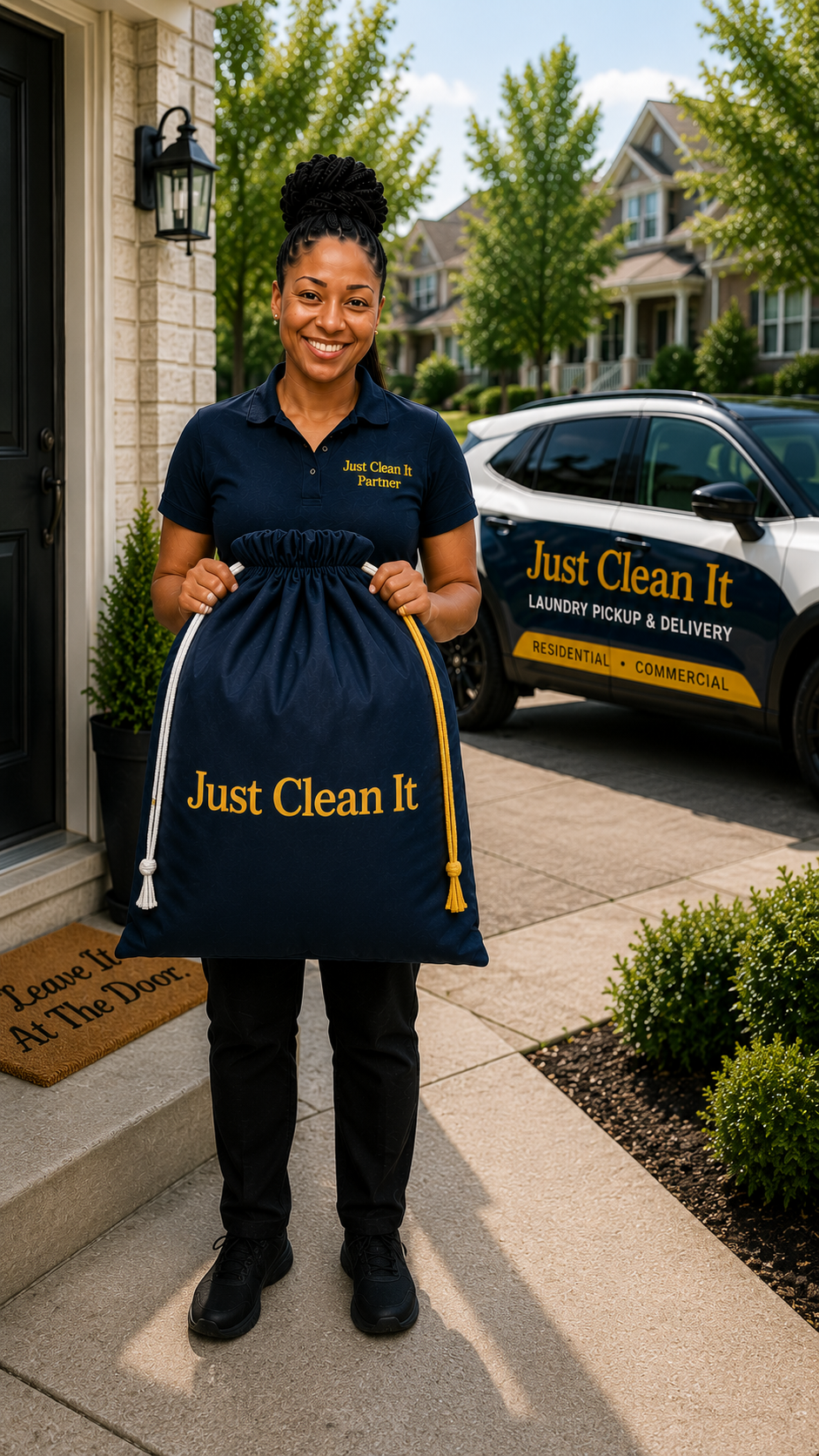 Just Clean It Lifestyle Management Partner holding The Bag System bag with complimentary pickup.