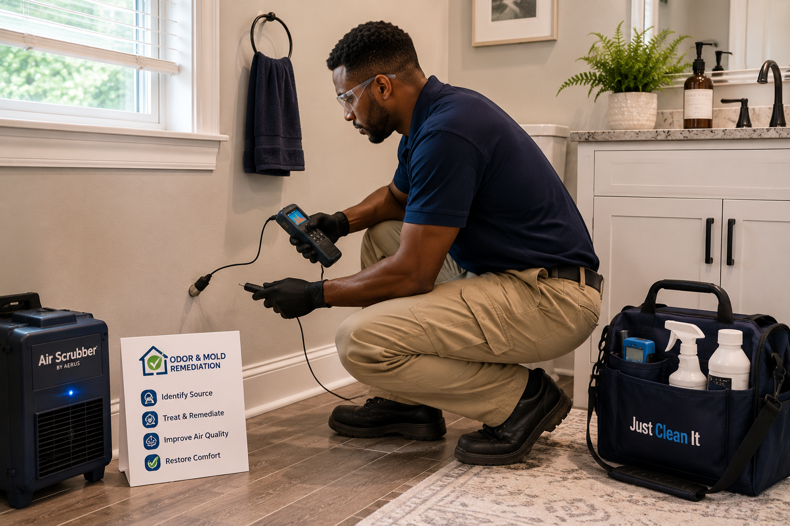 Environmental correction services for odor and mold remediation preparation