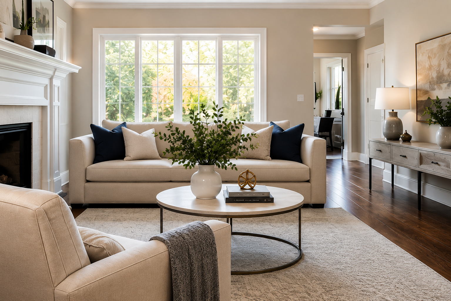 Open house preparation showing a maintained living room ready for showings