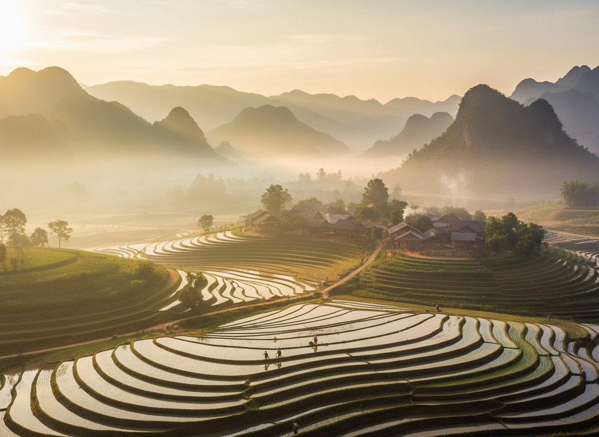 Sunrise over a rural Asian village