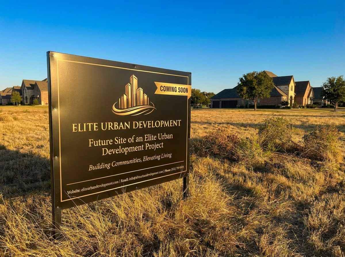 Undeveloped lot with Elite Urban Development construction sign