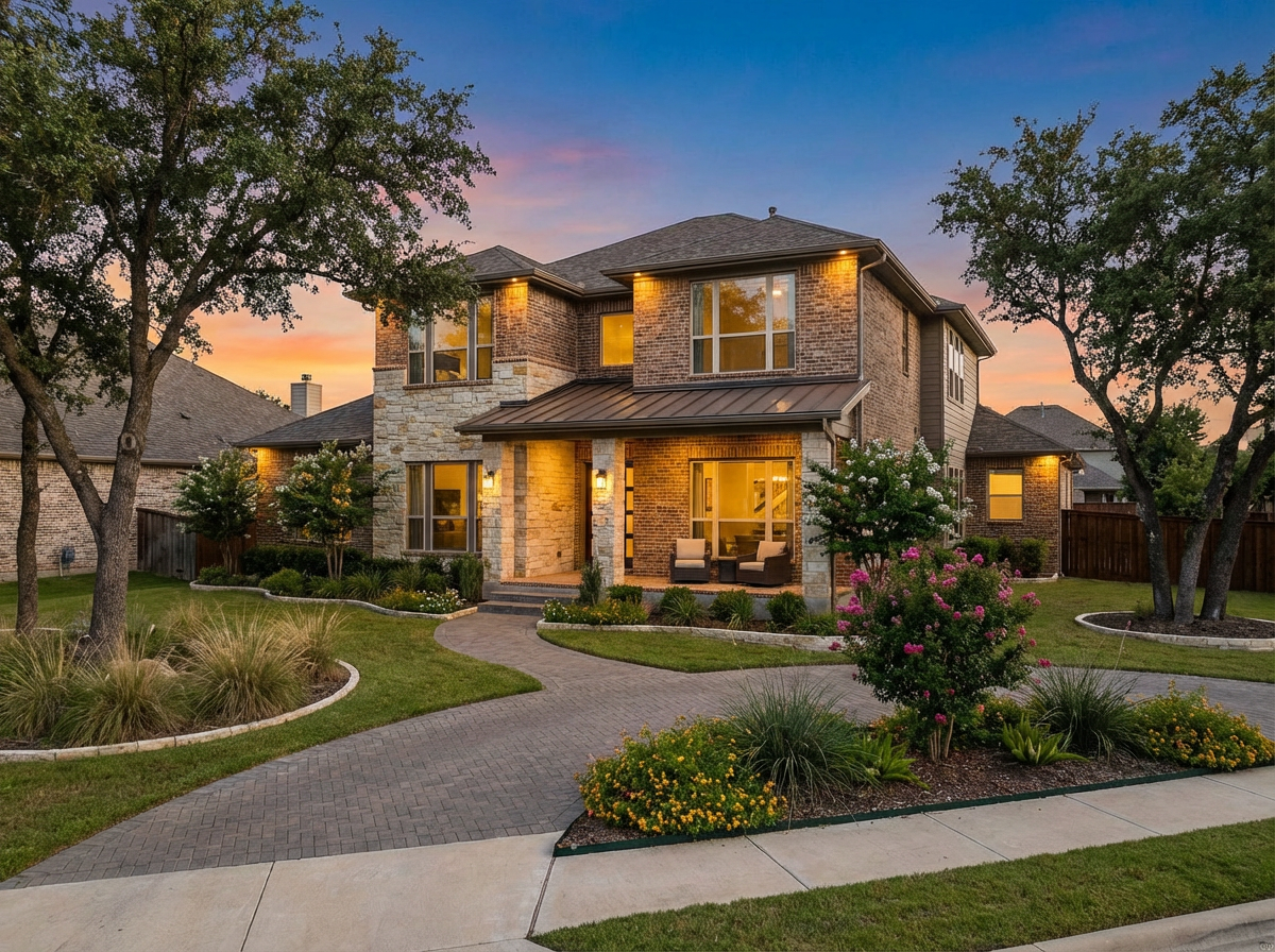 Modern single family home with landscaped yard