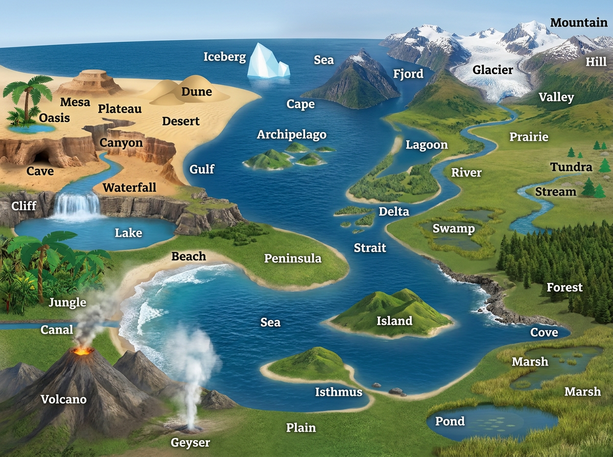 Illustrated landforms map showing mountains, rivers, deserts, and more