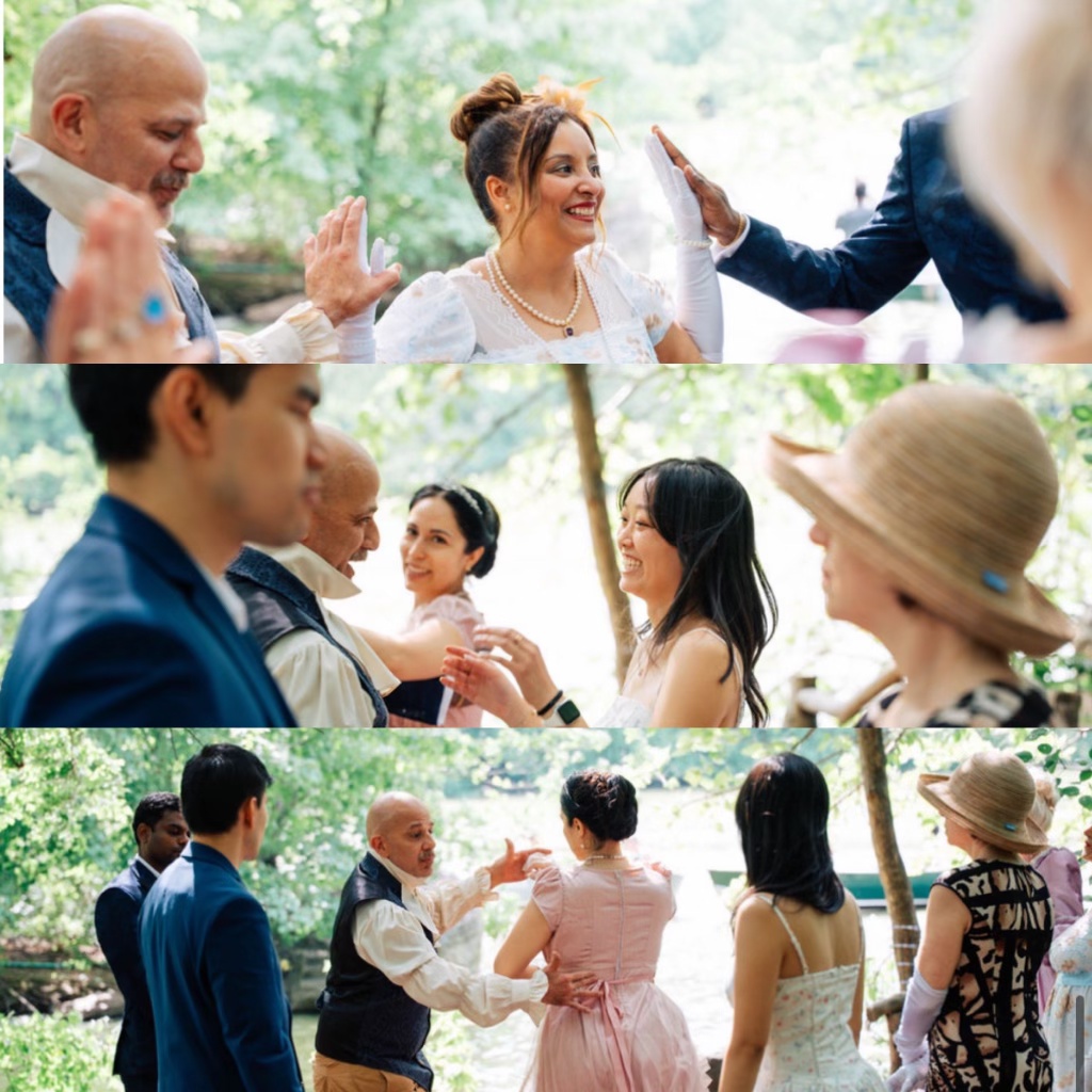 Guests dancing in Regency attire at Bridgerton in the Park โ Central Park