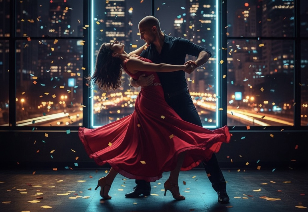 Latin dance couple with NYC skyline backdrop