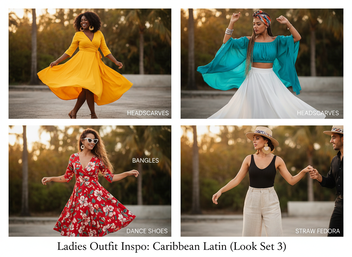 Ladies Outfit Inspo: Caribbean Latin Look Set 3 β Headscarves, Bangles, Dance Shoes, Straw Fedora β 1950s Caribbean formal style