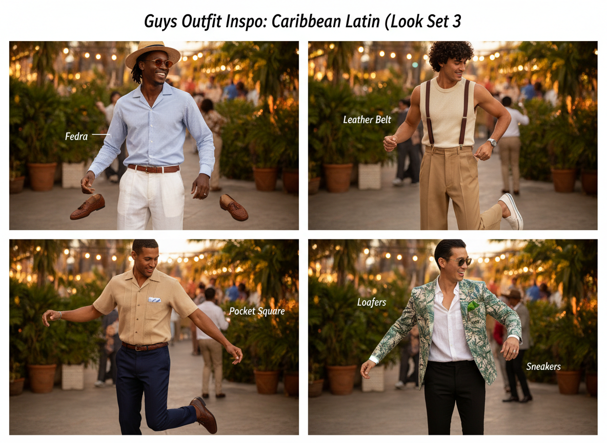 Guys Outfit Inspo: Caribbean Latin Look Set 3 β Fedra, Leather Belt, Pocket Square, Loafers/Sneakers β 1950s Caribbean formal style
