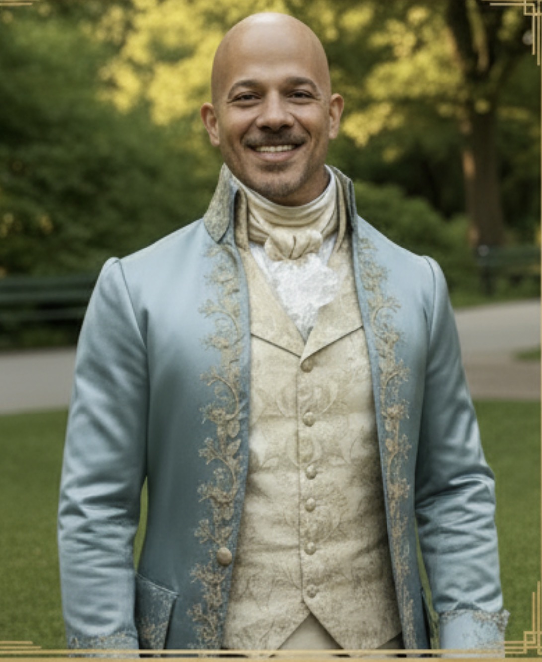 Xavier Marzan β The Gentleman of the Garden β in Regency era blue coat and embroidered waistcoat at Bridgerton in the Park