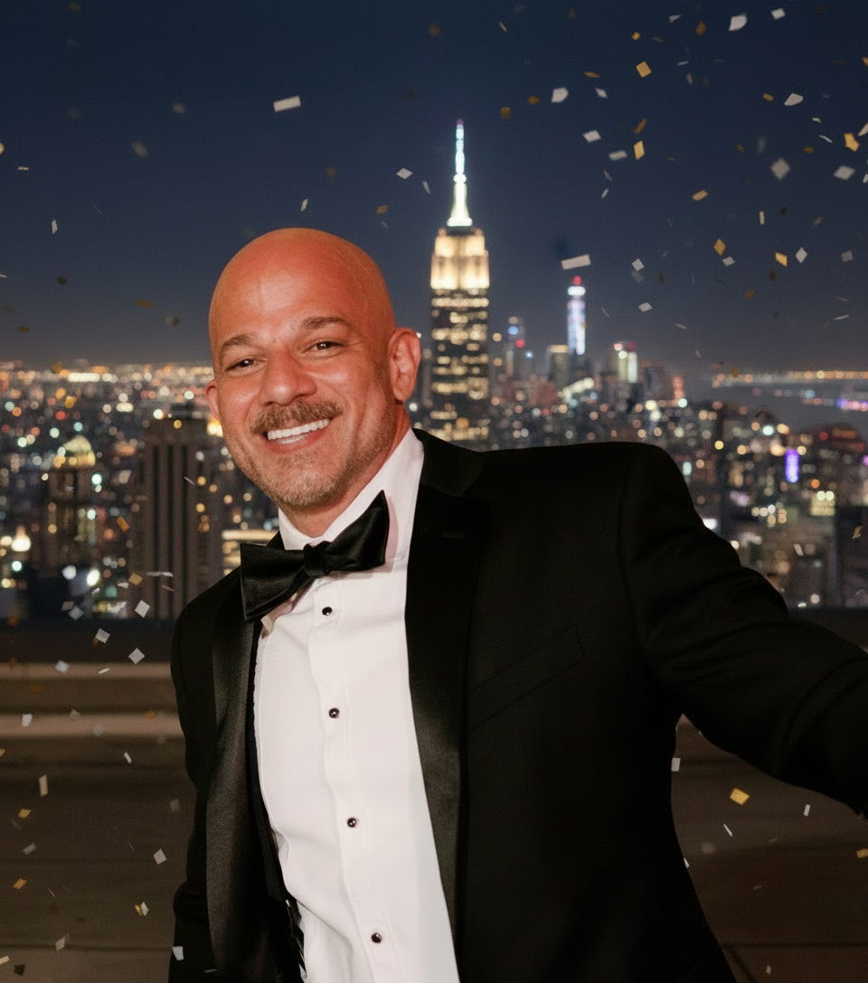 Xavier Marzan — The Gentleman of the Garden — in tuxedo with NYC skyline and confetti