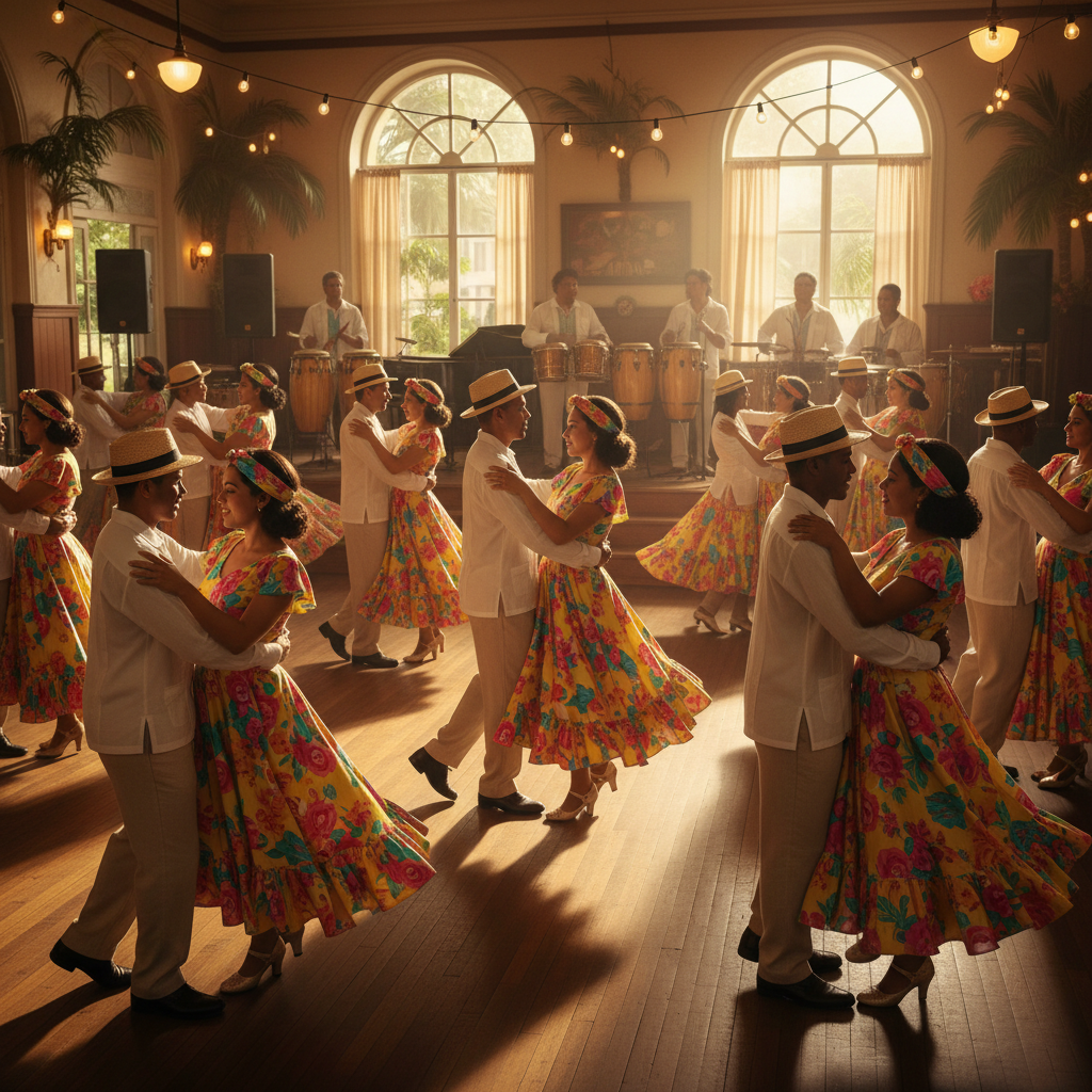 Couples dancing in colorful vintage dresses and guayabera shirts β Latin Vibes Guayabera Night