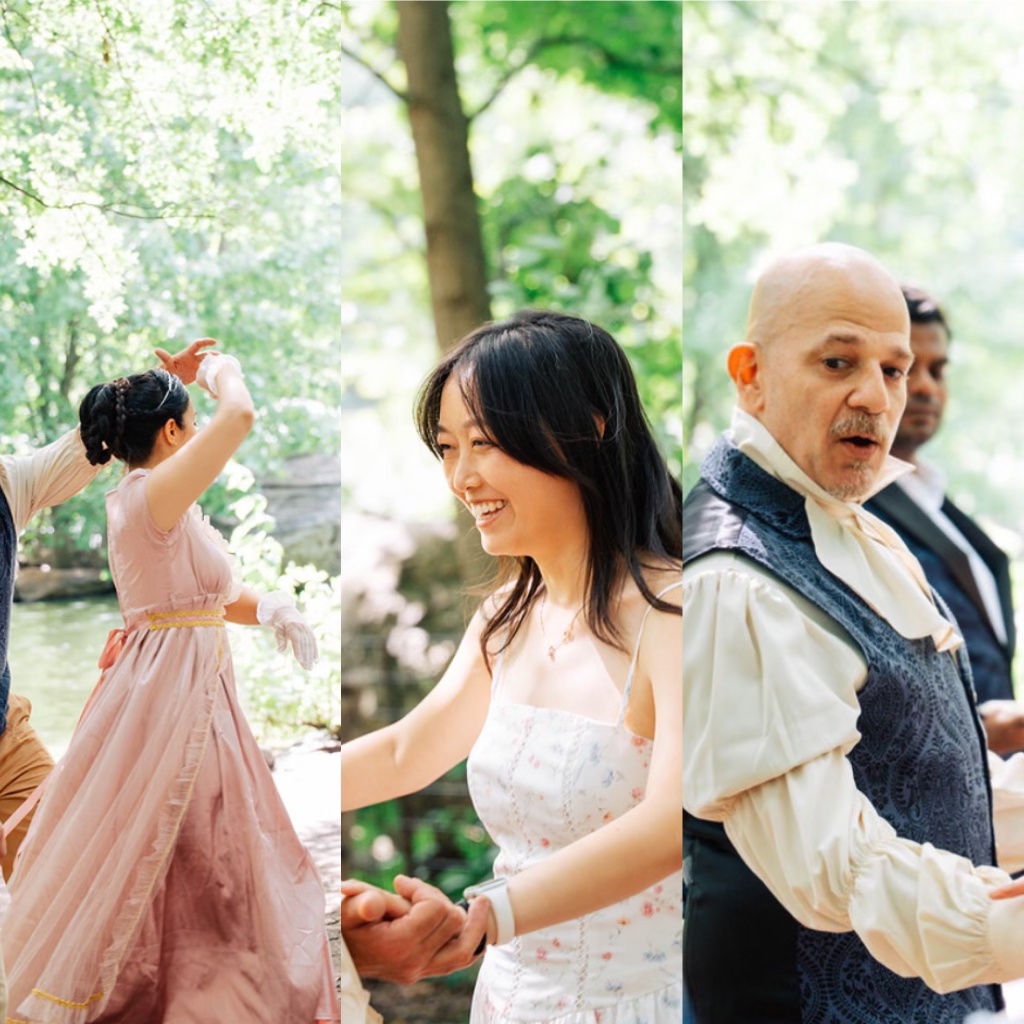 Decades of Dance — real photos from Bridgerton in the Park — woman in pink gown, smiling guest, Xavier instructing — Central Park, June 7, 2026