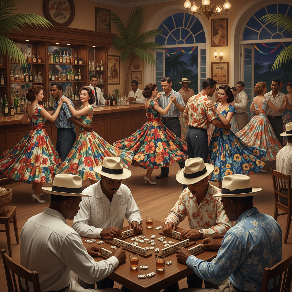 Guayabera Night — couples dancing in colorful vintage dresses and guayabera shirts, dominoes table in background