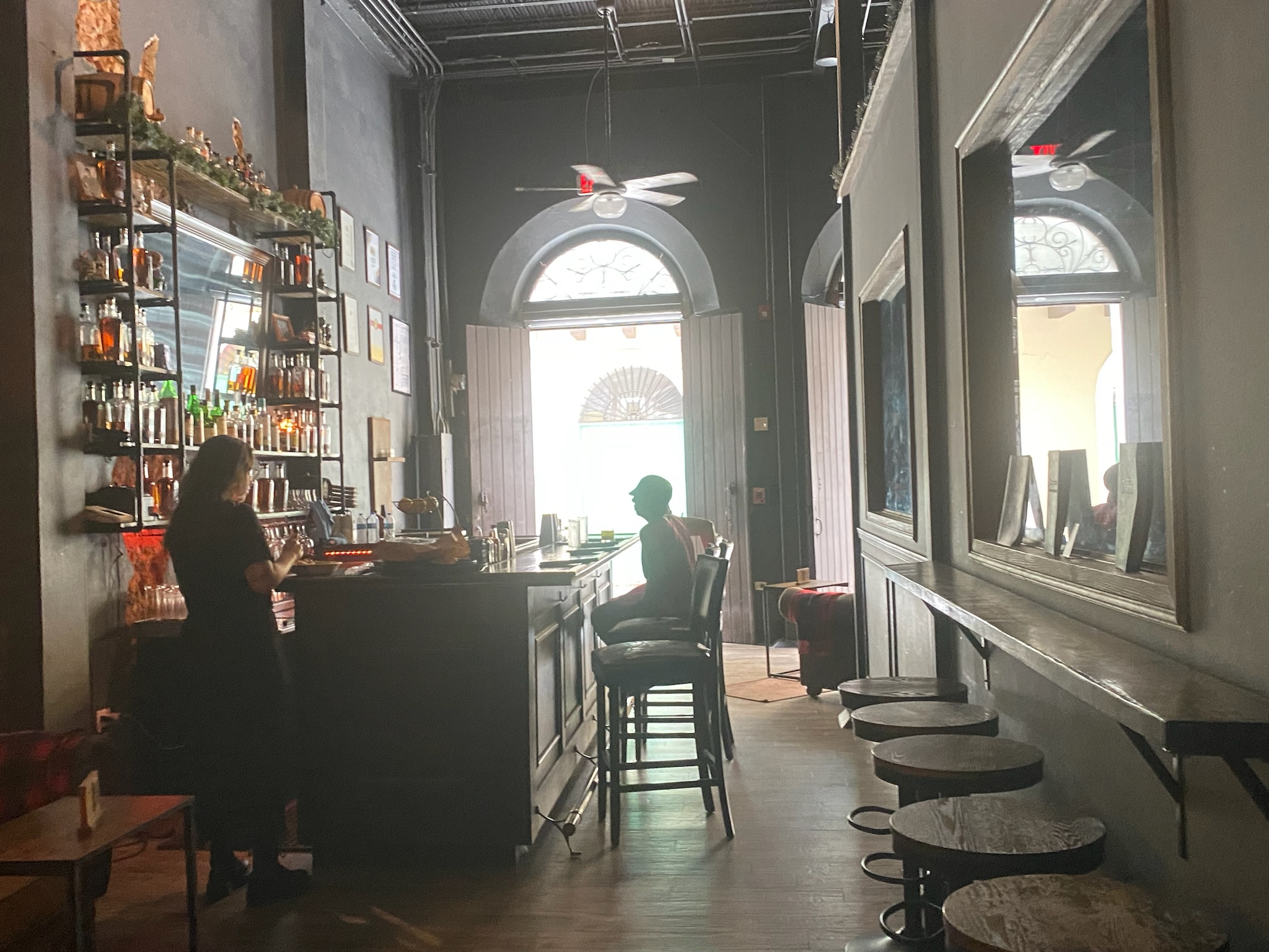 Scryer Rum Barrelhouse interior \u2014 dimly lit bar with shelves of bottles, arched windows, bar stools, ceiling fan, bartender and guest silhouetted against natural light, Old San Juan