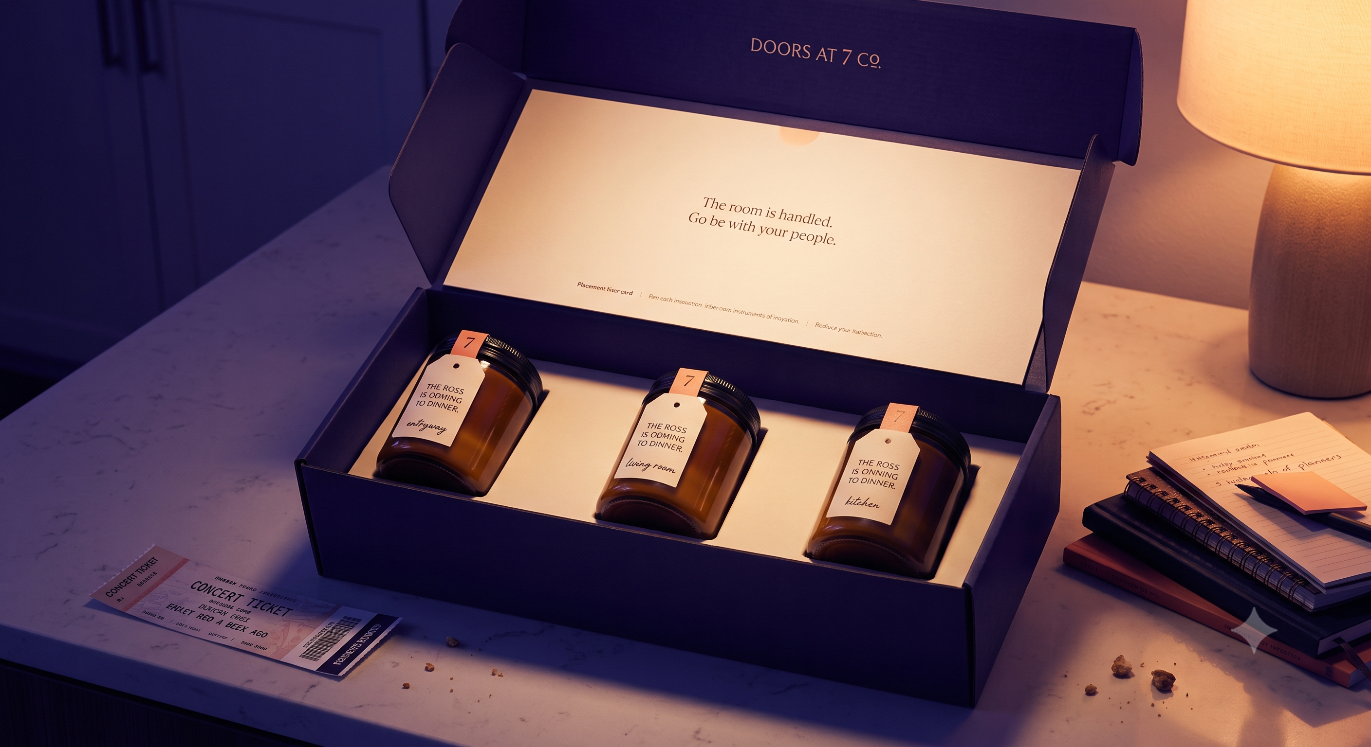Doors at 7 Co. candle set — three amber jars in a navy box with room tags for entryway, main room, and bathroom