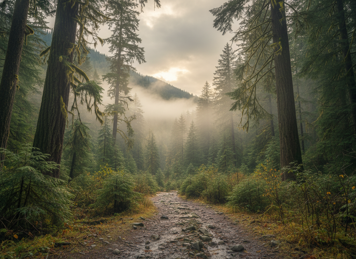 Misty Pacific Northwest forest at dawn