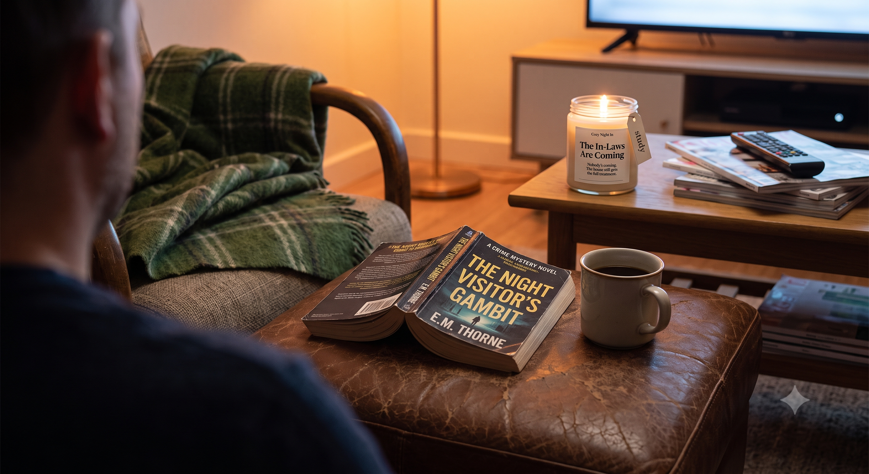 Doors at 7 Co. candle glowing on a side table in a cozy living room