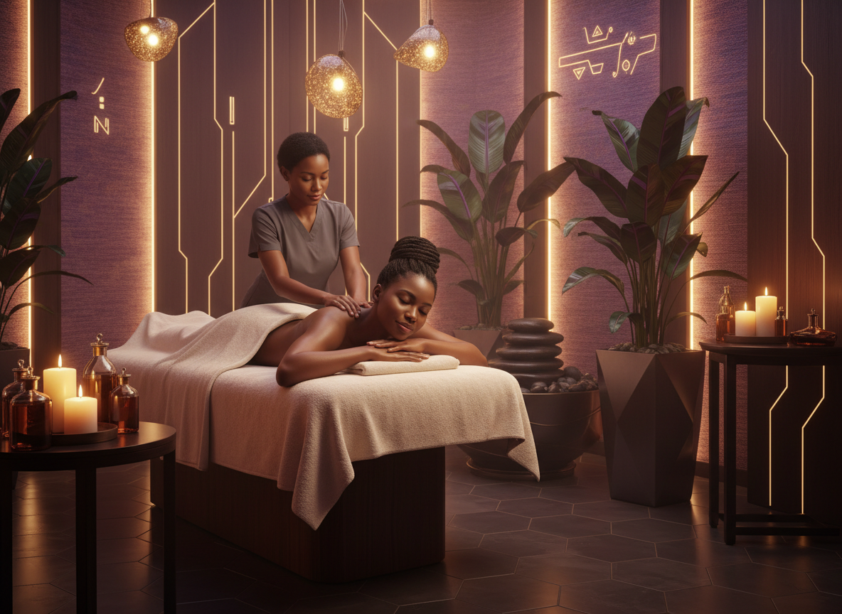 African American woman receiving a peaceful spa massage at Nkyinkyim Wellness Space