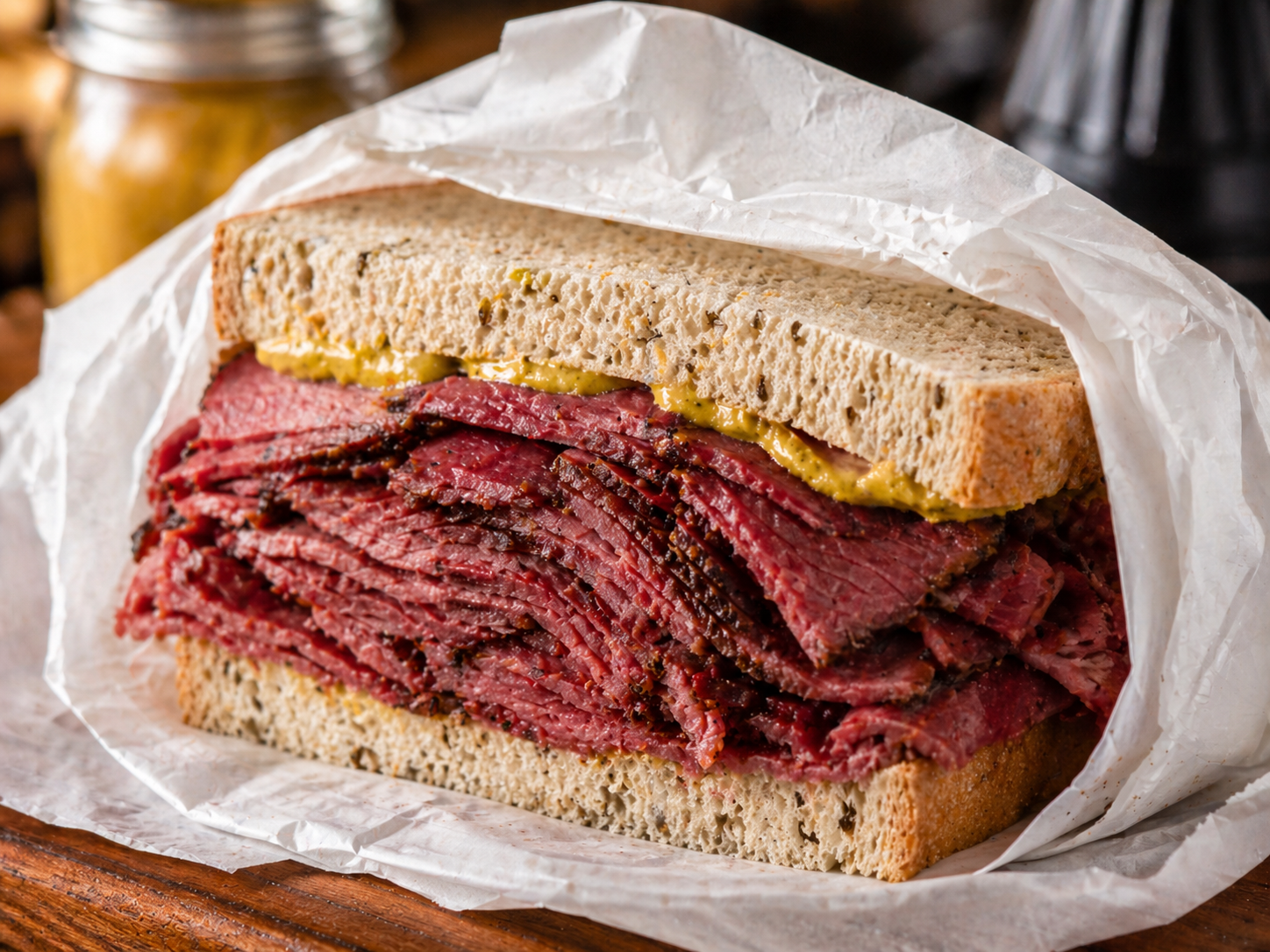 Signature stacked corned beef sandwich with mustard on fresh bread
