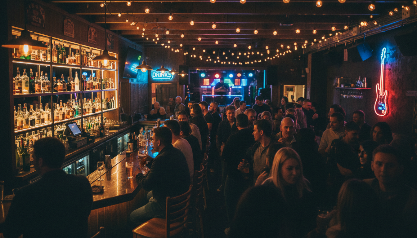Tipsy's Tavern interior — lively bar with DJ, string lights, and packed crowd