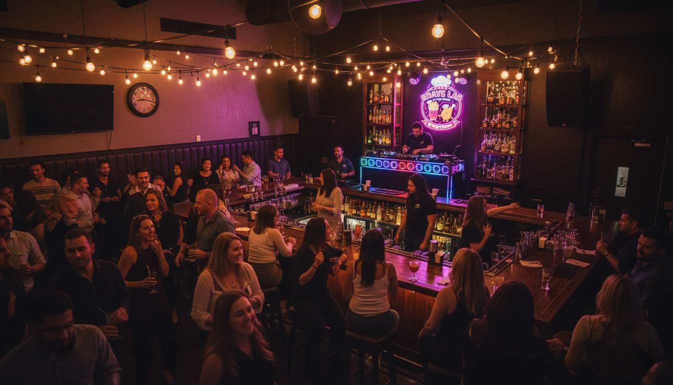 Lively bar interior with DJ, string lights, and packed crowd