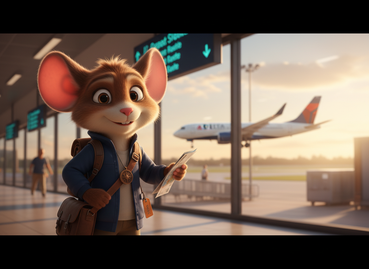 Scout the Travel Mouse at the airport with map and compass — ready for adventure