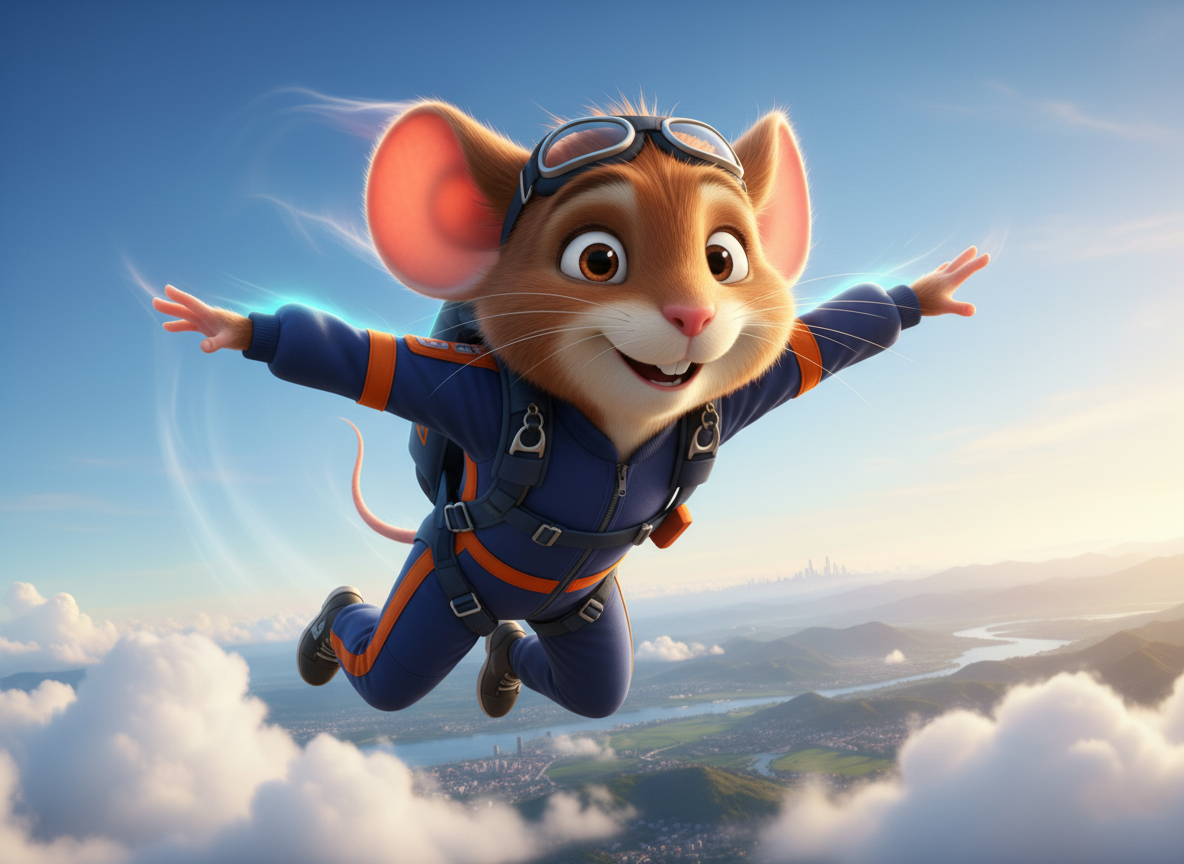 Scout the Travel Mouse skydiving with arms spread wide — fearless adventure and freedom