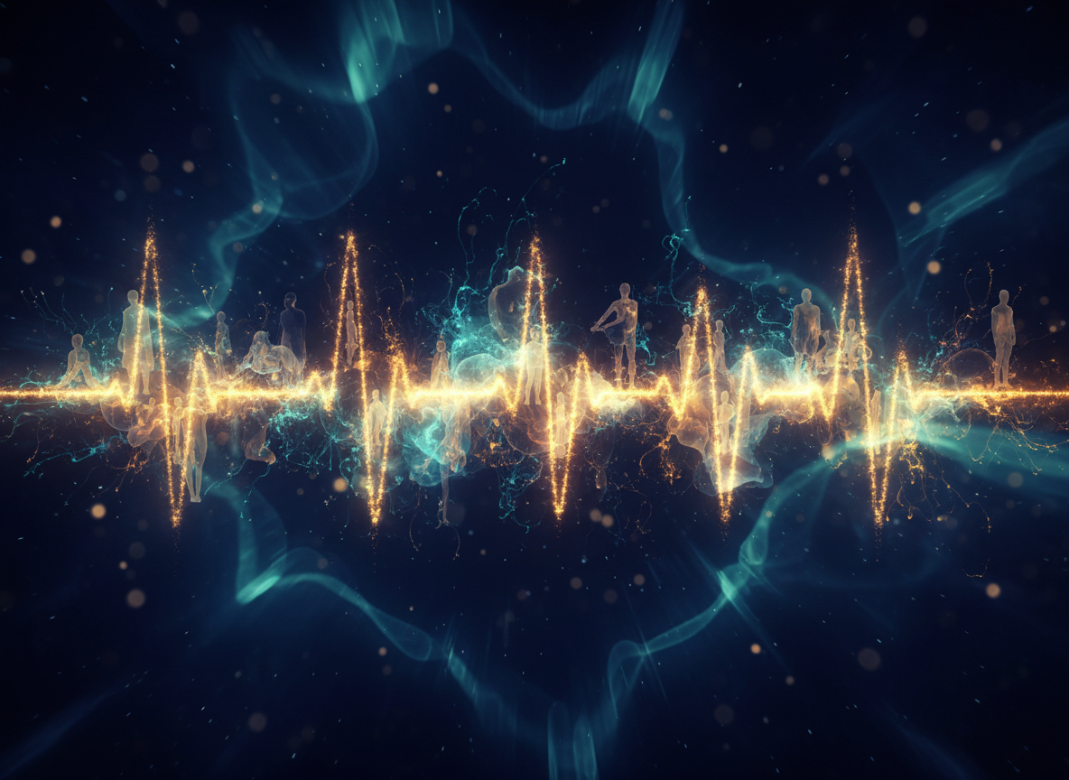 Luminous heartbeat pulse of golden and teal energy with human silhouettes — the collective healing journey