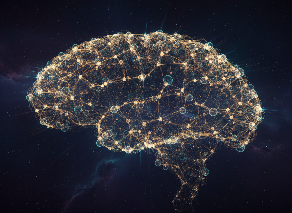 Neural network of interconnected nodes glowing with golden and teal light — a community of practice united in purpose