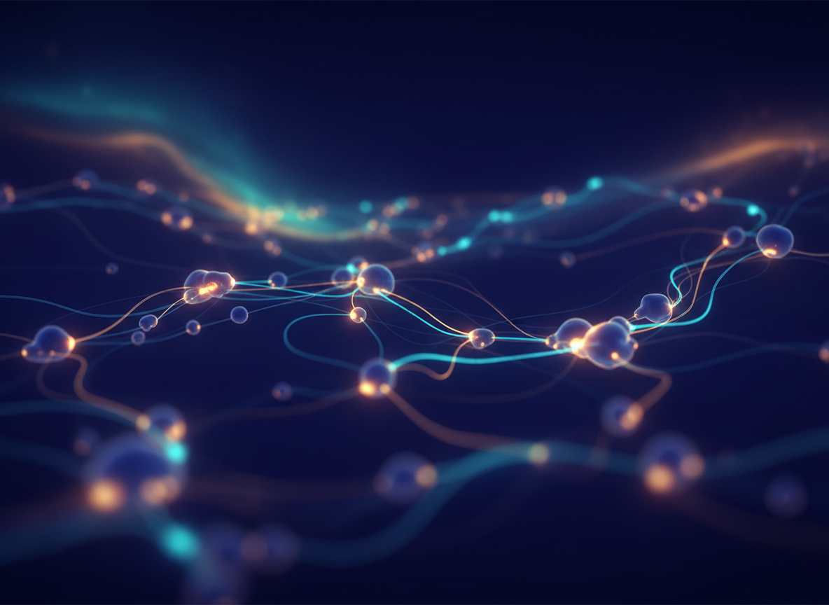 Luminous interconnected nodes with flowing gold and cyan energy — dialogue, learning, and shared understanding