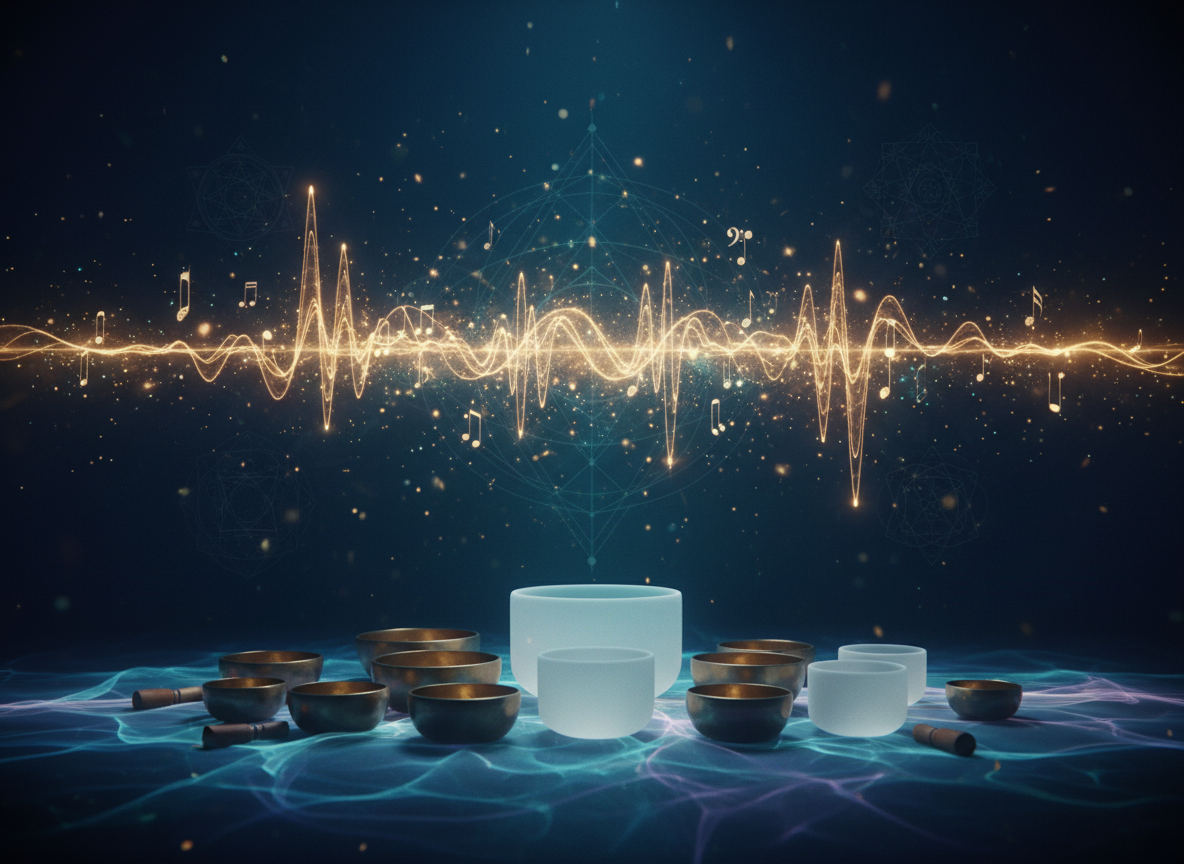 Golden sound waves dissolving into healing light — singing bowls and sacred frequencies