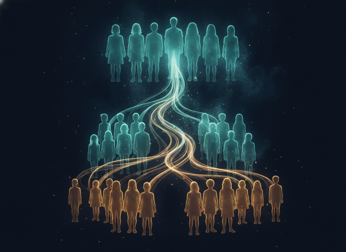 Cascading student mentorship — university students guiding younger generations through flowing light