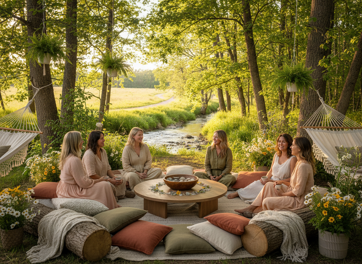 Serene retreat setting symbolizing healing and sisterhood