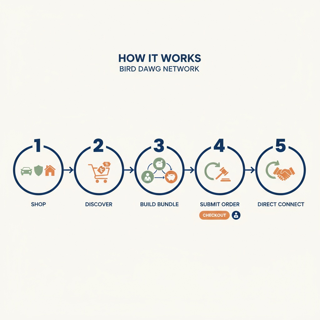 Modern, professional website infographic for 'How It Works' section of an automotive and major purchase network. Five-step process: 1) Shop by Product or Company (car, house, insurance icons), 2) Discover & Add Incentives to Cart (discount tags, shopping cart), 3) Build Your Bundle (linked icons: realtor, lender, attorney), 4) Submit Order (checkout button, login icon), 5) Direct Connect Option (link icon, handshake). Use Bird Dawg brand colors (#6b9080, #e07a5f, #22356f, #fff7eb). Clean, friendly, and easy to follow. Add clear step numbers and short labels for each step. Reflect the correct order as specified.