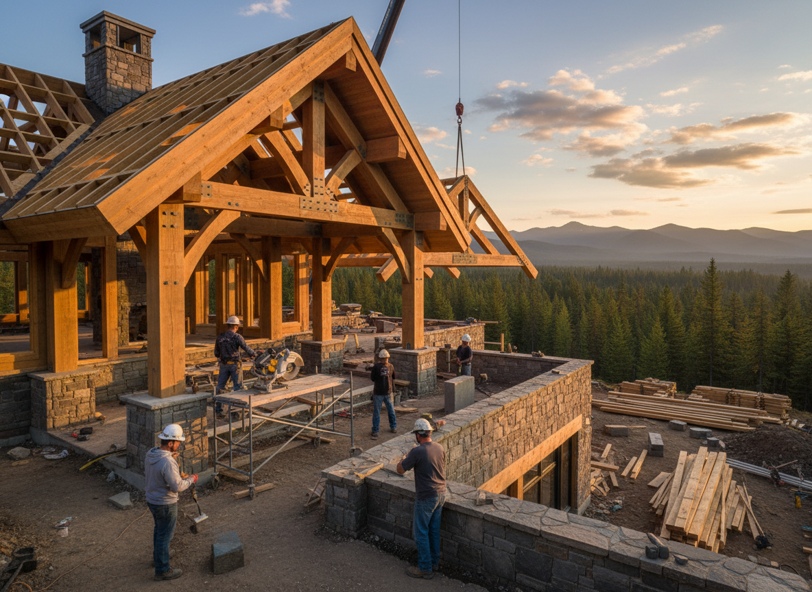 High-end timber frame construction in progress on a luxury North Idaho mountain estate