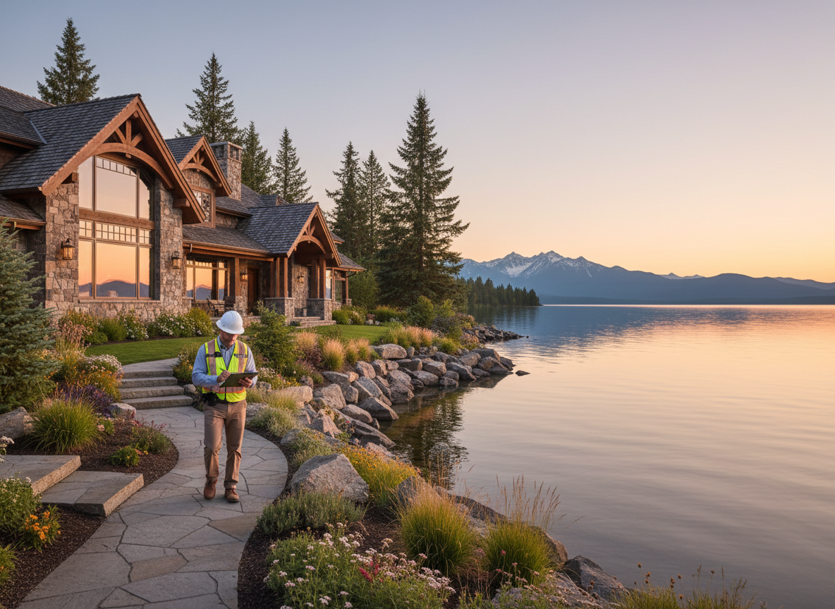 Professional property inspector checking a luxury lakefront estate on Lake Pend Oreille