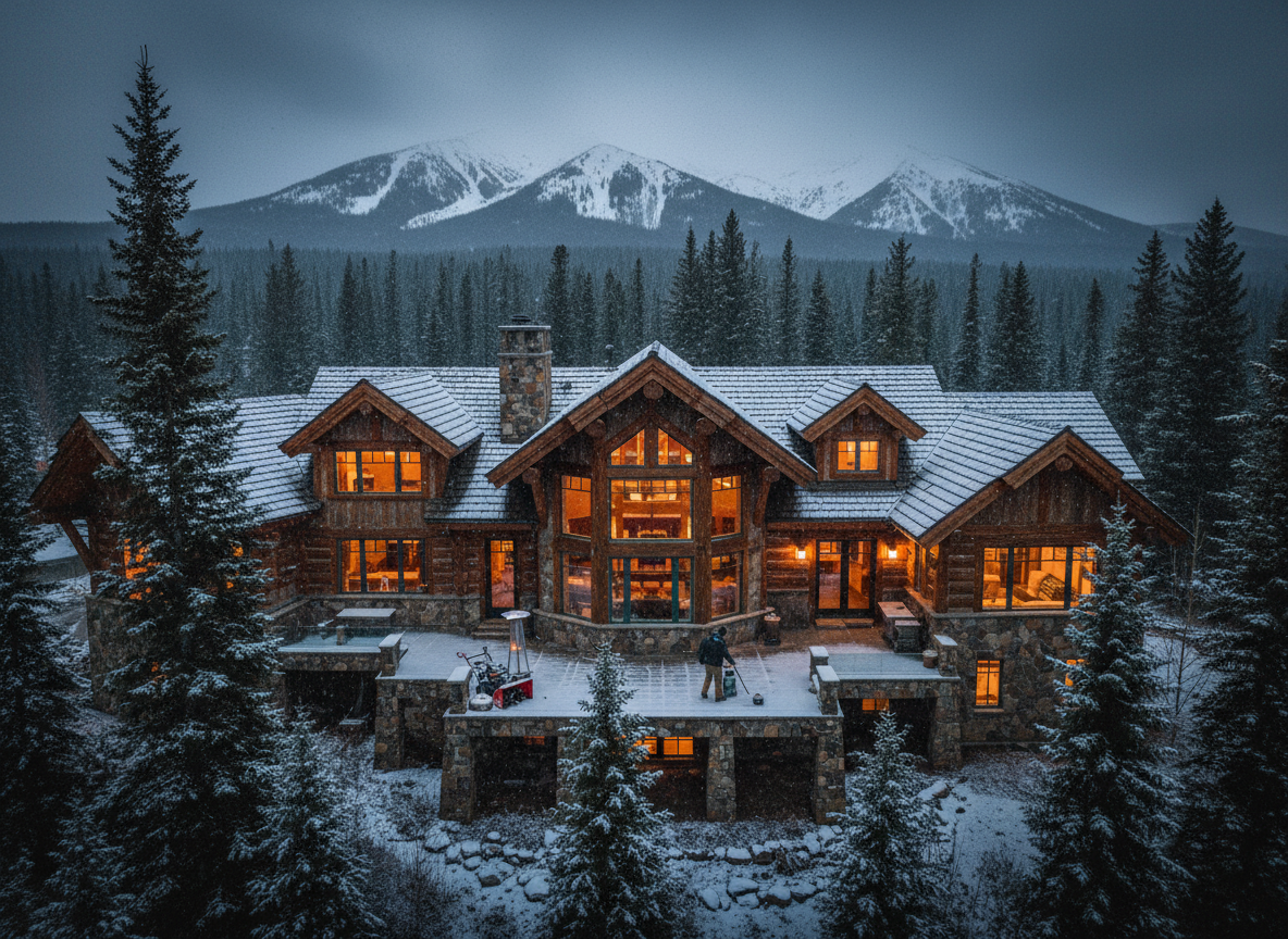 Luxury North Idaho estate being prepared for winter with snow beginning to fall