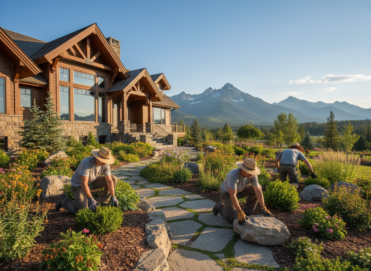 Professional landscaping crew maintaining the grounds of a luxury mountain estate