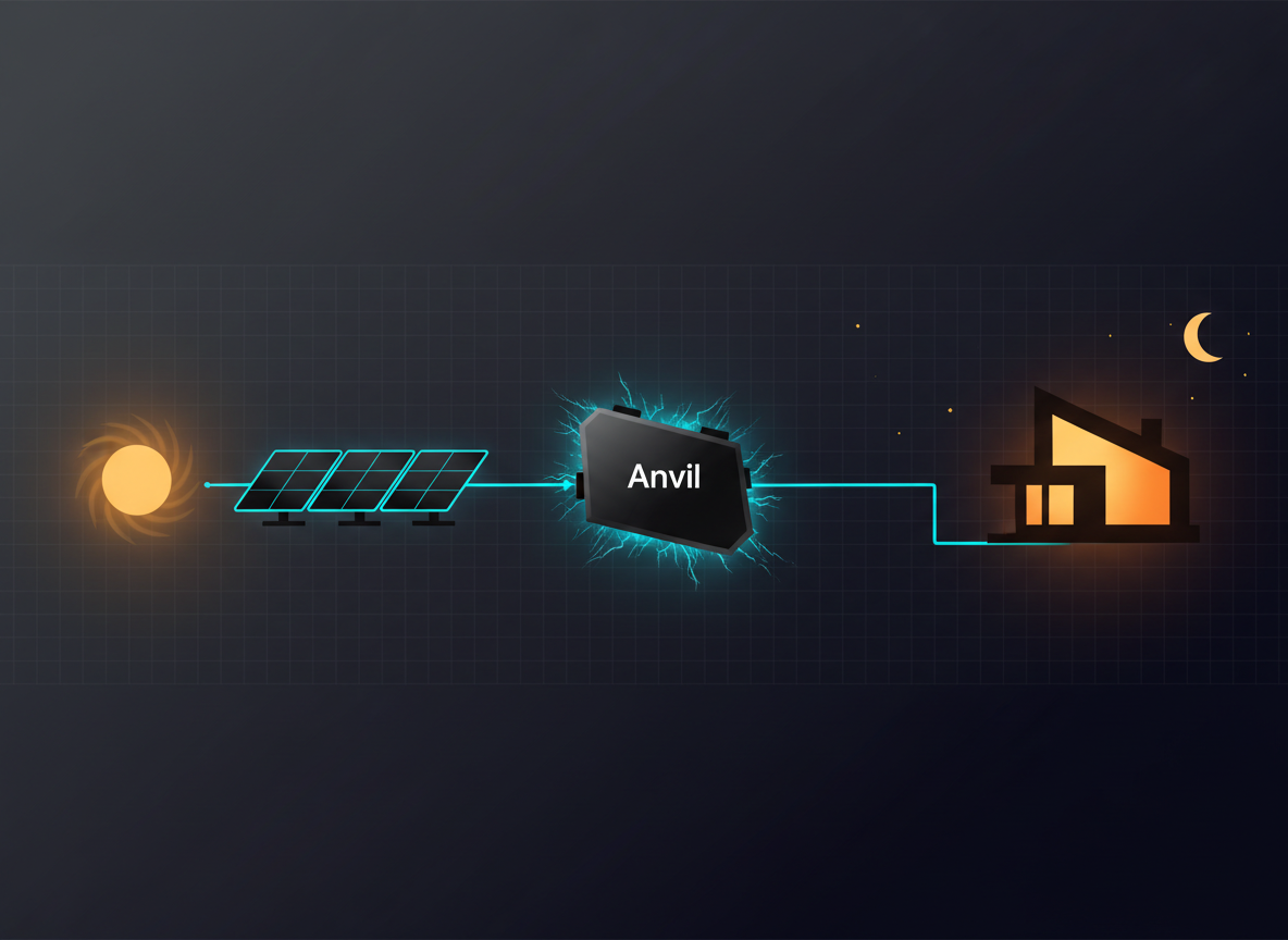Anvil PowerStack energy flow: sun to solar panels to battery storage to home, powering 24/7