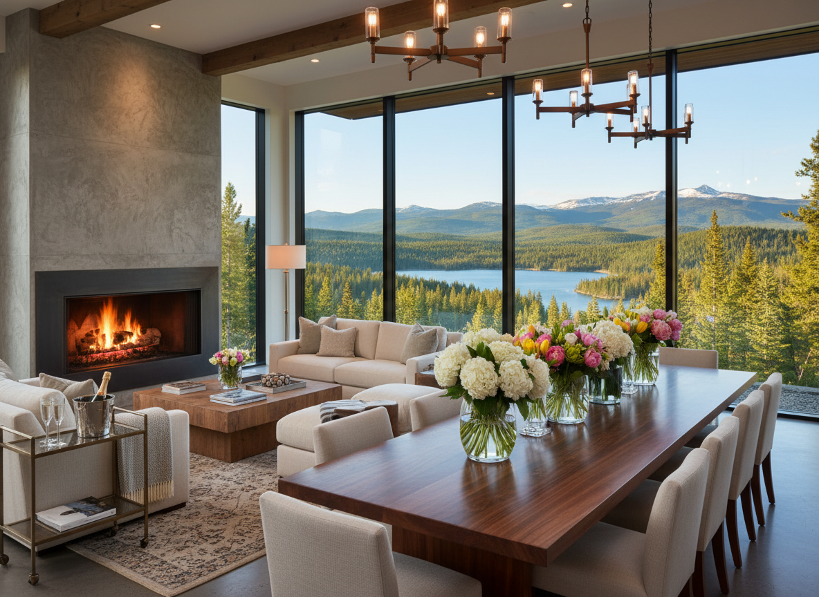 Warm luxury interior prepared for homeowner arrival with fireplace lit and mountain views