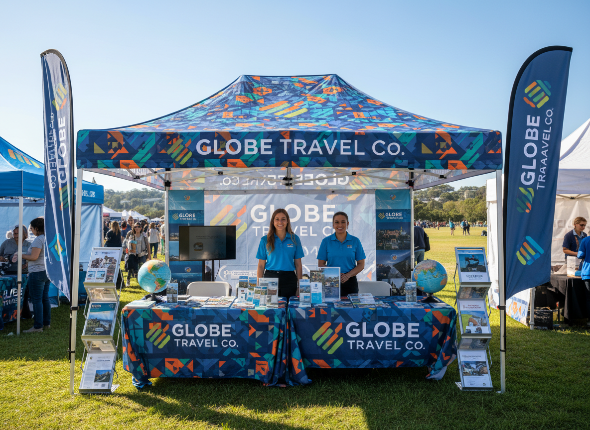 Custom branded pop-up event tent at an outdoor event