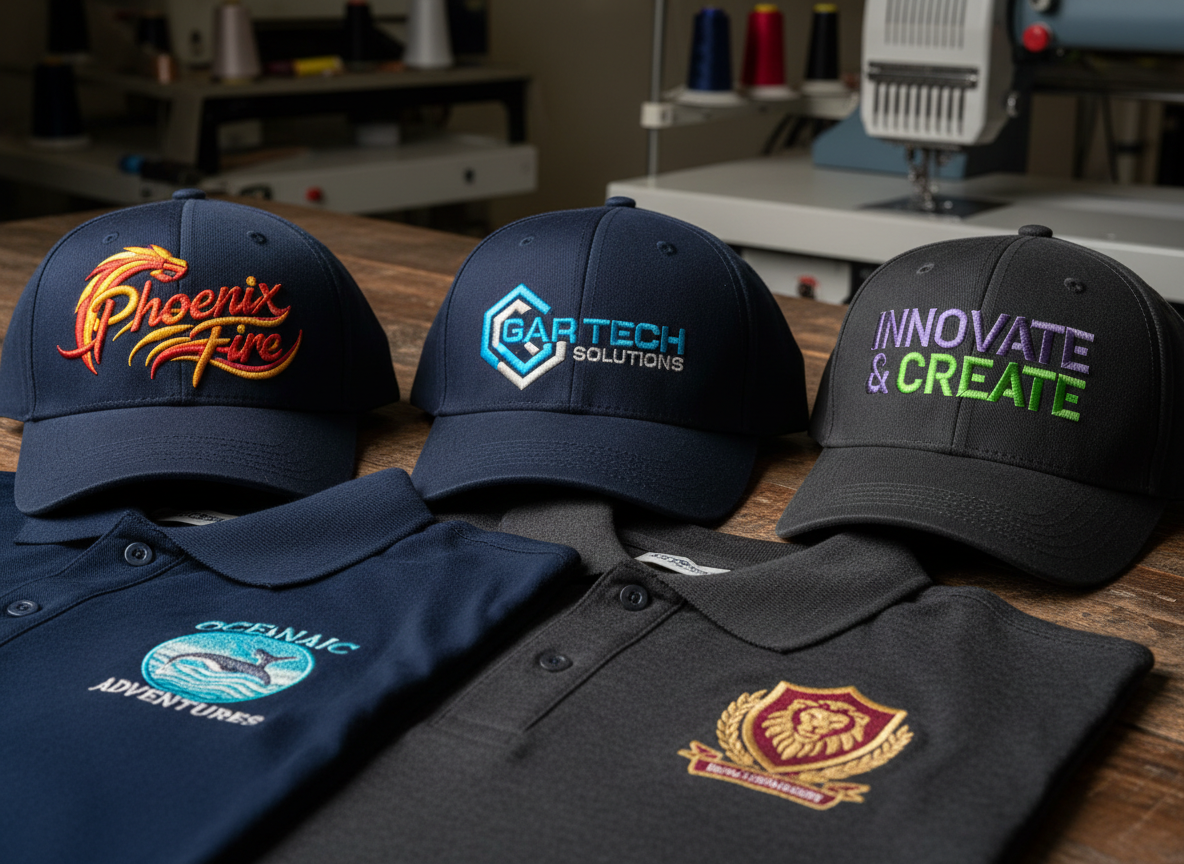 Professional embroidery on custom hats and polo shirts