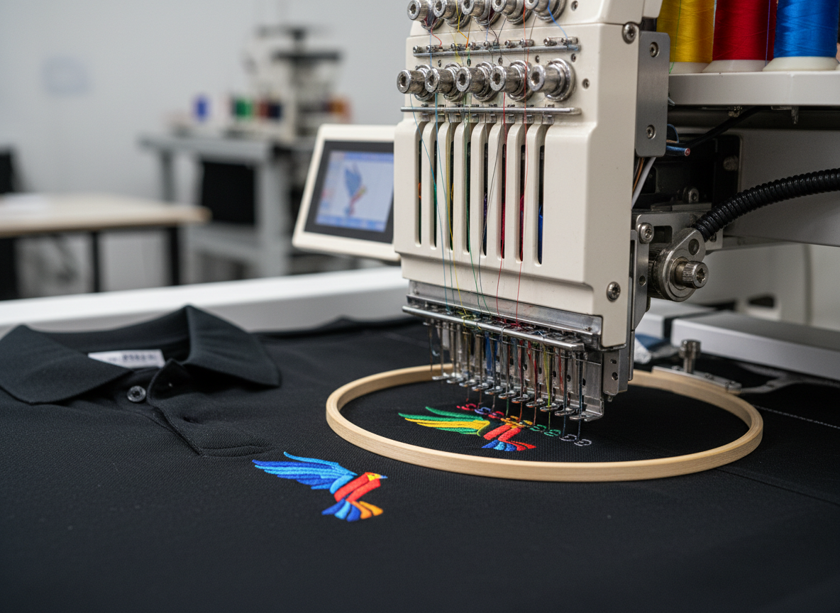 Professional embroidery machine creating custom design