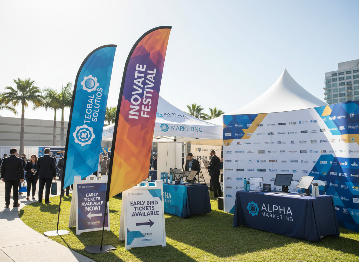 Branded feather flags and display accessories at an outdoor event