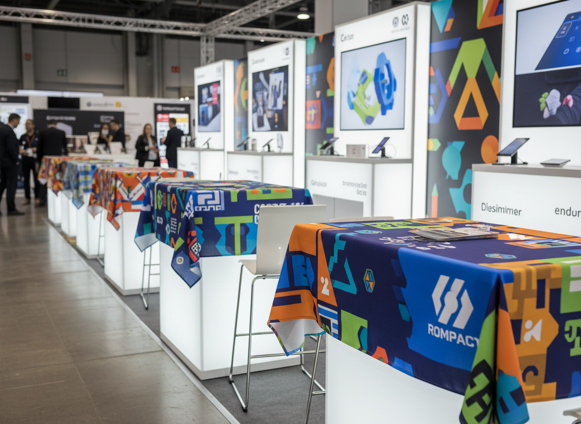 Custom branded table runners draped over tables at a trade show