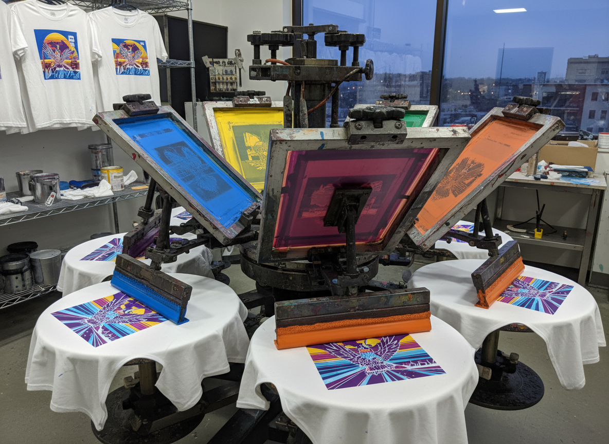 Professional screen printing press in action