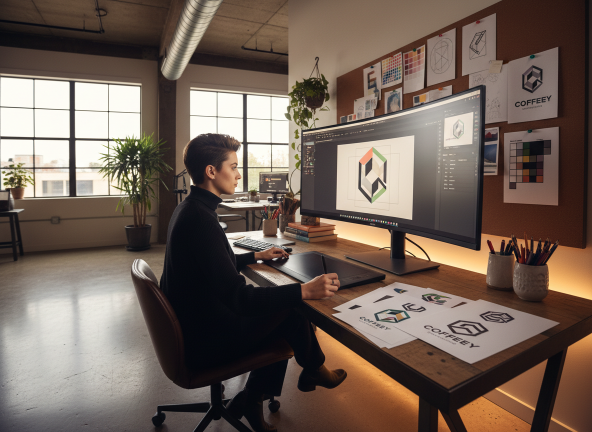 Graphic design workspace with logo design in progress