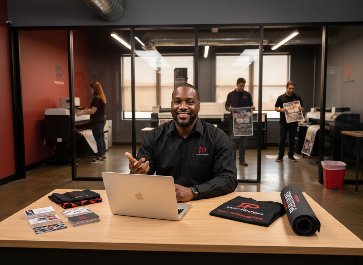 Black-owned PrintzOnDeck owner answering customer questions with diverse team in background