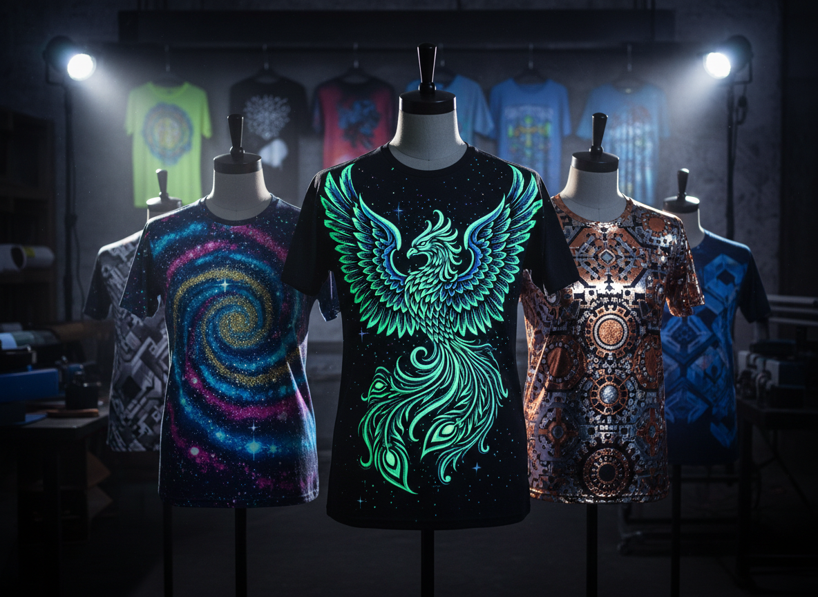 Specialty glow-in-the-dark and glitter printed designs