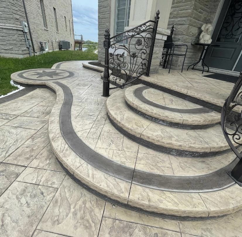 Stamped Concrete Patio with Star Medallion & Curved Steps