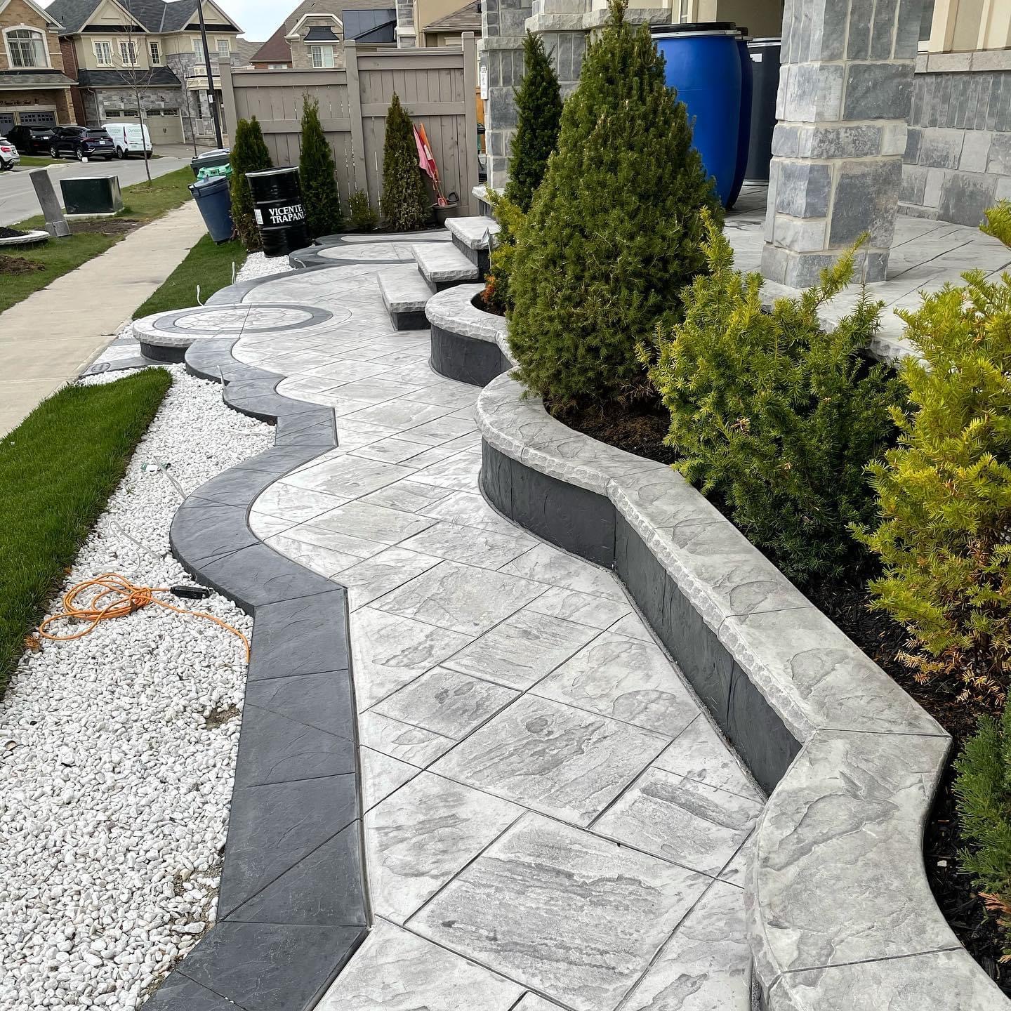 Stamped Concrete Walkway with Retaining Wall